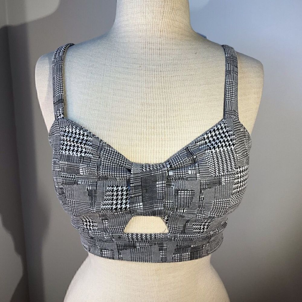 Palabra houndstooth/plaid bustier with cutout at ribcage. Padded, stretchy bra t